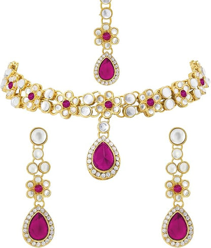 Aheli Traditional Gold Plated Kundan Beads Studded Choker Necklace Dangle Earrings & Maangtikka Set Ethnic Fashion Jewellery Gift for Women