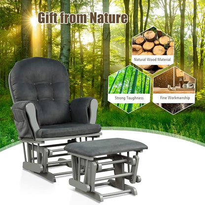 Costzon Nursery Glider with Ottoman, Upholstered Comfort Glider Rocker with Padded Cushion, Storage Pocket, Solid Wood Base, Rocking Chair Nursery for Breastfeeding, Maternity, Napping (Dark Gray)