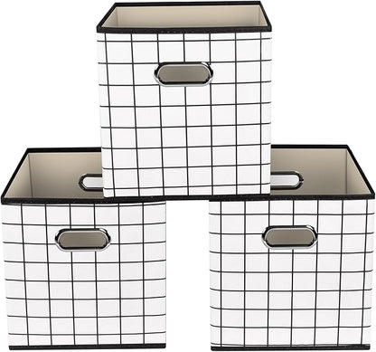 Yunkeeeper storage bins Cubes, Fabric Cube Organizer with Handle, Foldable Cube Bins for Cloth or Accessary Storage, 11x11x11, Set of 3,(White grid)