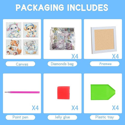 FQOVKYN 4 Pcs Baby Animals Diamond Art Kits for Kids, Cute Animals DIY Diamond Arts Mosaic Kits for Adults Beginner, Full Round Drill Diamond Art Painting for Home Wall Decor Kids Gift 6X6 inch