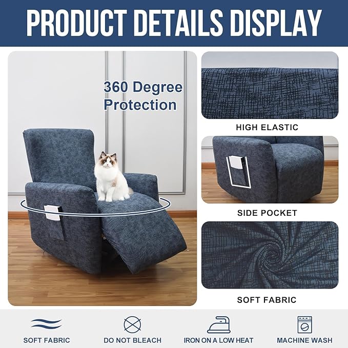 NILUOH Stretch Recliner Cover 4 Pieces Printed Lazy Boy Chair Covers Recliner Sofa Slipcover Anti-Slip Fitted Furniture Protector with Elastic Bottom, 16