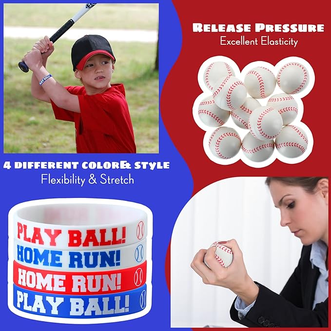 Nuogo 48 Pcs Baseball Party Favors Supplies Include 12 Pcs Baseball Party Bags 12 Pcs Baseball Bracelets 12 Pcs Baseball Stress Balls 12 pcs Mini Baseball Keychain Birthday Sport Party