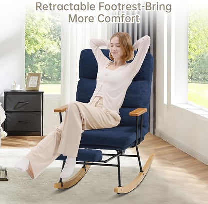Rocking Chair with Footrest-Glider Rocker Chair with Retractable Footrest and Adjustable Backrest, Teddy Upholstered Rocking Chair Set of 2, Accent Chair for Living Room/Nursery/Bedroom/Outdoor-Blue