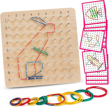 Skrtuan Wooden Geoboard with Rubber Bands, Montessori Educational Toy for Kids, Pattern Block Geo Board with Pattern Cards and Rubber Bands Create to Figures Shape STEM Puzzle Matrix Brain Teaser