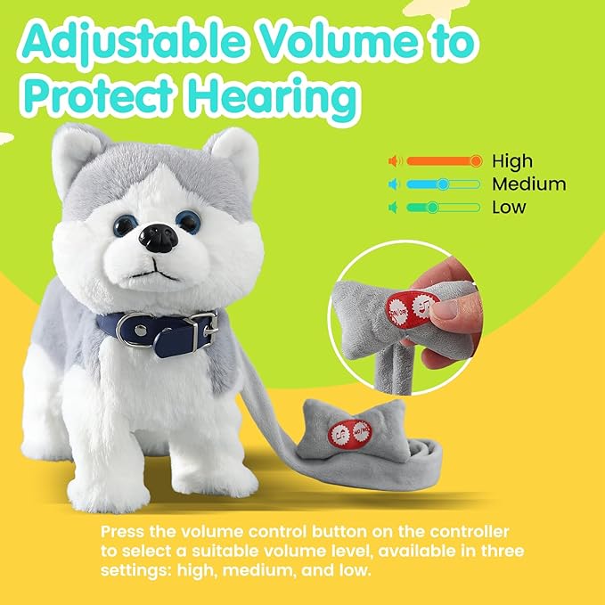 HCdoujoy Husky Walking Dog Barking Toy, Musical Singing Dancing Volume Control Interactive Puppy Walk Along with Leash, Wagging Tail Shaking Head, Robot Plush Stuffed Animal Puppy for Kid