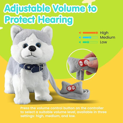 HCdoujoy Husky Walking Dog Barking Toy, Musical Singing Dancing Volume Control Interactive Puppy Walk Along with Leash, Wagging Tail Shaking Head, Robot Plush Stuffed Animal Puppy for Kid