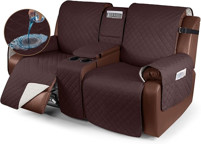KinCam 100% Waterproof Recliner Loveseat Cover with Console, Non-Slip Reclining Couch Covers for 2 Seat, Recliner Sofa Cover Furniture Protector with Elastic Straps for Kids, Pets, Coffee