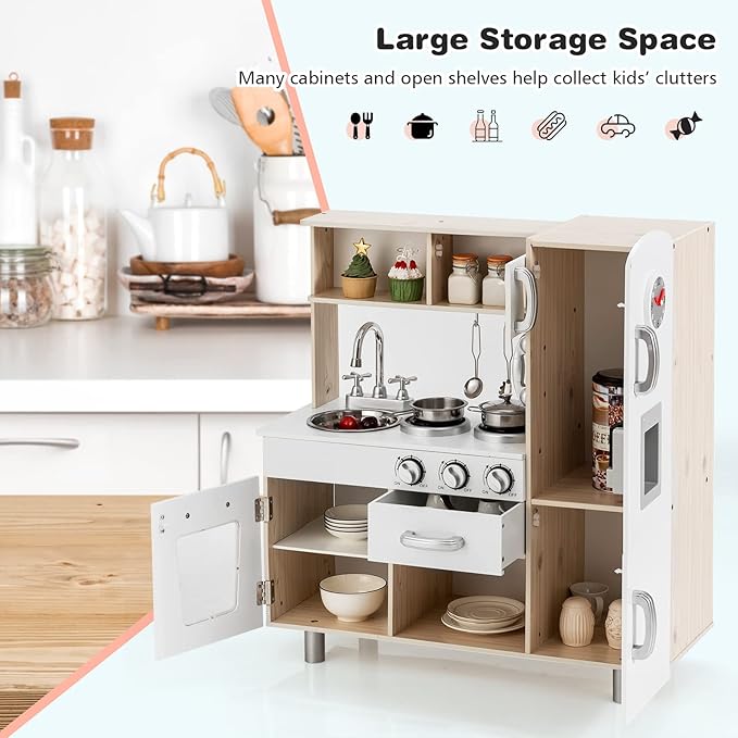 KOTEK Play Kitchen Set for Kids, Wooden Toddler Kitchen Playset with Water Dispenser w/Lights Sounds, Stove, Oven, Fridge, Microwave & Sink, Chef Pretend Play Toy Gift for Girls Boys Age 3+ (White)