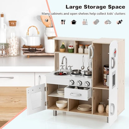 KOTEK Play Kitchen Set for Kids, Wooden Toddler Kitchen Playset with Water Dispenser w/Lights Sounds, Stove, Oven, Fridge, Microwave & Sink, Chef Pretend Play Toy Gift for Girls Boys Age 3+ (White)