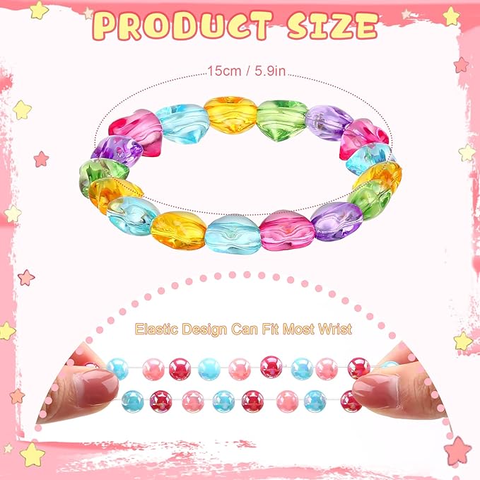 Hicarer 20 Pieces Girl Beaded Bracelets Cute Rainbow Bead Bracelets Colorful Bracelets Princess Bracelets Stretchy Bead Bracelets for Prince Birthday Present (Vivid Style)