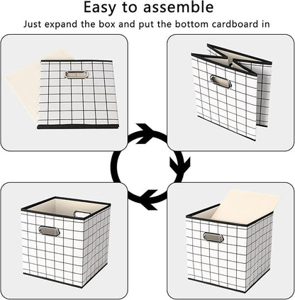 Yunkeeeper storage bins Cubes, Fabric Cube Organizer with Handle, Foldable Cube Bins for Cloth or Accessary Storage, 11x11x11, Set of 3,(White grid)