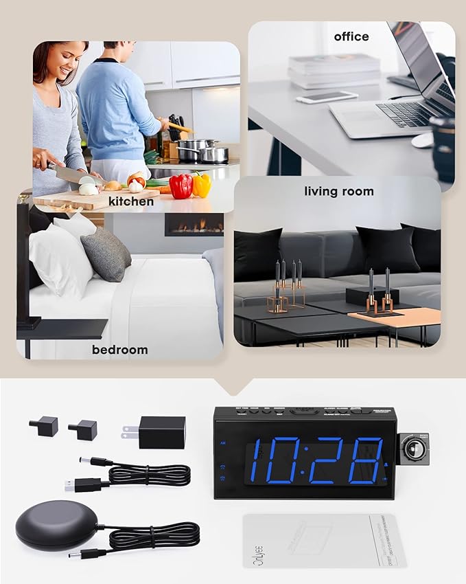 Projection Alarm Clock for Bedrooms,7'' Digital Clock with 180° Projector, 5-Level Brightness Dimmer, USB Charger,Snooze,12/24H& Battery Backup,Suitable for Deaf and Hard of Hearing,Kids,and Elders
