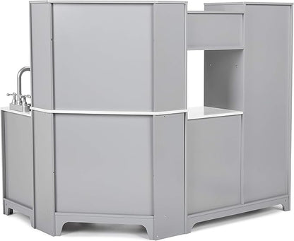 Amazon Basics Kids Corner Wooden Kitchen Toy Playset with Stove, Oven, Sink, Fridge and Accessories, for Toddlers, Preschoolers, Children Age 3+ Years, White & Gray, 39.37"L x 28.35"W x 35.04"H