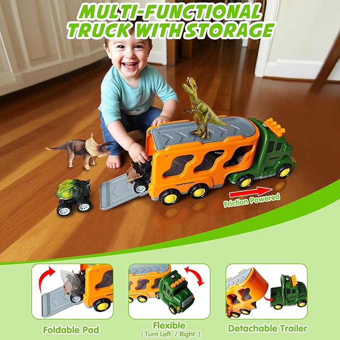 Dinosaur Toy Trucks with 3 Dino Cars & 3 Dino Figures, Sound Light Transport Carrier Truck Dinosaur Toys for Kids 3-5-7, Toddler Boy Toy for 3 4 5 6 7+ Year Old Boy Birthday Gifts Christmas