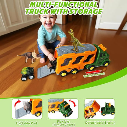 Dinosaur Toy Trucks with 3 Dino Cars & 3 Dino Figures, Sound Light Transport Carrier Truck Dinosaur Toys for Kids 3-5-7, Toddler Boy Toy for 3 4 5 6 7+ Year Old Boy Birthday Gifts Christmas