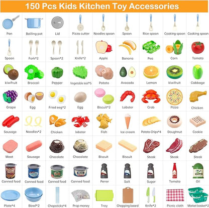 150Pcs Kitchen Playset, Toddlers Pretend Cooking Cookware Accessories, Food, Picnic Blanket, Fruits, Veges, 2Pack Shopping Storage Basket, Dessert and Prop Money, Gift for Kids (Blue)
