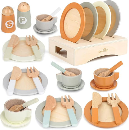 Wooden Play Dishes and Plates for Kids Kitchen Set, 27 PCS Wooden Play Kitchen Accessories, Kitchen Toy for Toddlers 2-4 Years Girls and Boys