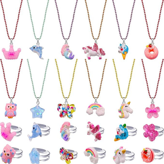 SOTOGO 24 Pieces Girls Necklaces and Rings Set Colorful Gift Party Favors Friendship Pretend Dress up Play Jewelry for Kids Child Toddler, Cute Style