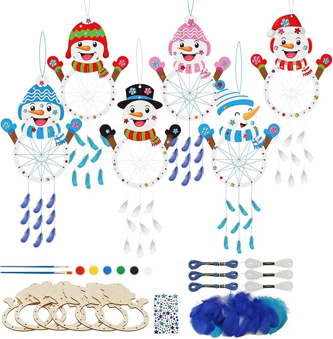 Fennoral 6 Pack Snowman Craft Kit for Kids Make You Own Snowman Dreamcatcher DIY Paint Wooden Christmas Arts and Crafts for Chirstmas Art Activity Christmas Winter Decoration