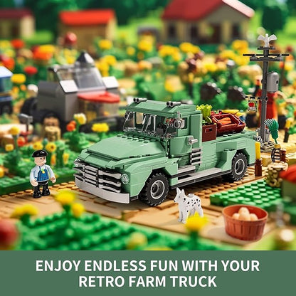 FUNWHOLE Retro Farm Truck LED Light Building Model Set - 499 Pcs Construction Bricks for Adults and Teens