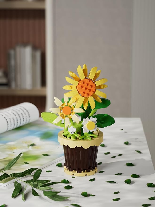 Sunflower Mini Flower Potted Plant Bonsai Building Toy Blocks Artificial Particle Flower Botanical