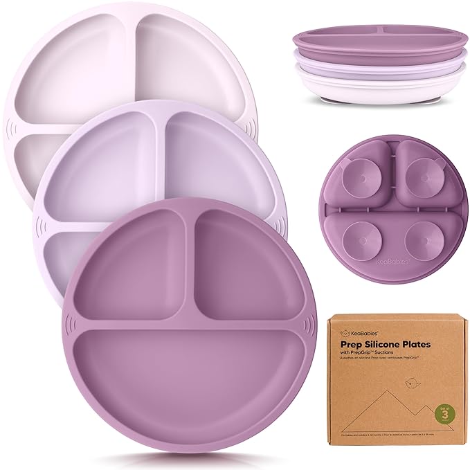 KeaBabies Suction Plates for Baby, Toddler - 3-Pack 100% Silicone Toddler Plates, Divided Baby Plates with Suction, Silicone Plates for Baby, Kids, BPA-Free, Microwave, Dishwasher Safe (Amethyst)