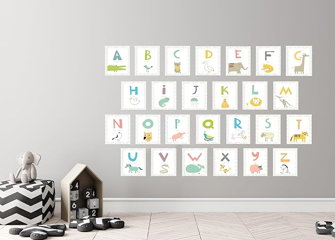 English Alphabet Wall Cards Art Flash Cards- Set of 26 White (5" x 7") Animal Alphabet Cards for Nursery Decor, Gifts, Kids Room, Classroom, by Kindred Sol Collective