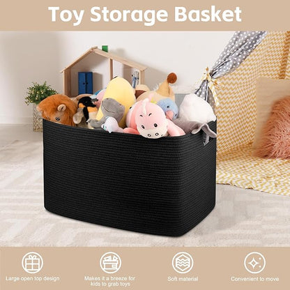 OIAHOMY 118L XXXLarge Cotton Rope Storage Basket, Oversized Blanket Basket, Used for Organizing Dirty Clothes in Living Room, Bedroom, Nursery, Dog Toy Storage Bins, 25" x 17" x 16",Black