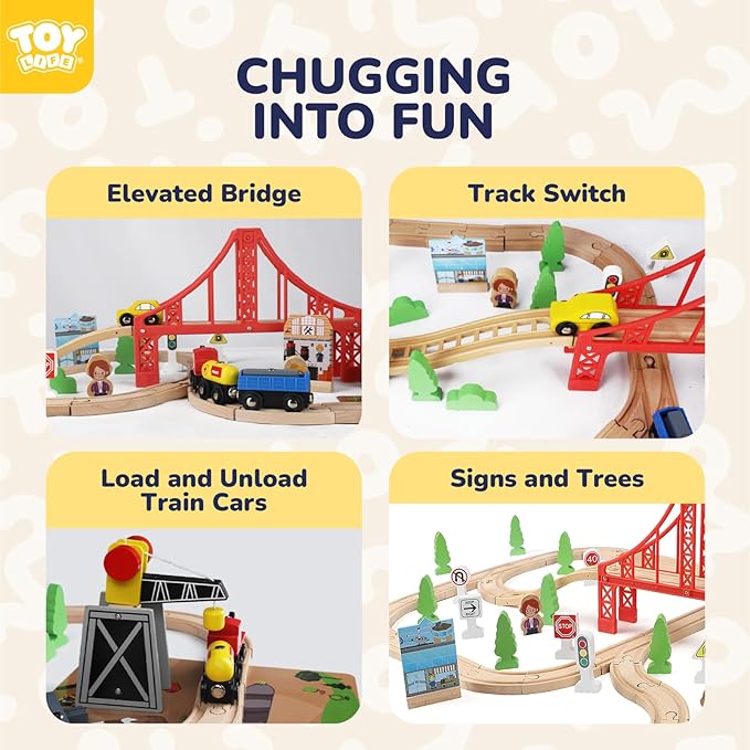 TOY Life Train Set 80pcs Wooden Train Set with Crane, Wooden Train Tracks Toy Train Set for Toddlers 3 4 5, Wooden Toys Toddler Train Set Gift for Kids 4-8, Fits Thomas Brio Melisa Train Track Set