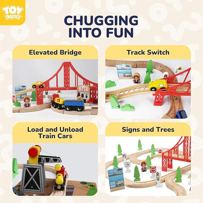 TOY Life Train Set 80pcs Wooden Train Set with Crane, Wooden Train Tracks Toy Train Set for Toddlers 3 4 5, Wooden Toys Toddler Train Set Gift for Kids 4-8, Fits Thomas Brio Melisa Train Track Set