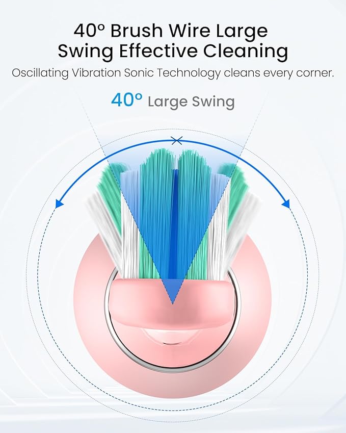 Rtauys S5 Sweeping Electric Toothbrush - Rechargeable Electric Toothbrushes with 8 Heads, Power Electric Toothbrush with Holder, 2.5 Hours Charge for 45 Days Battery Life - Pink