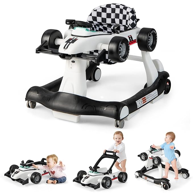 GLACER Foldable Baby Walker, 4-in-1 Infant Walker with Adjustable Height & Speed, Music, Light, Steering Wheel & Washable Cushion, Baby Walker Activity Center for Boys Girls 6 –18 Months (White)