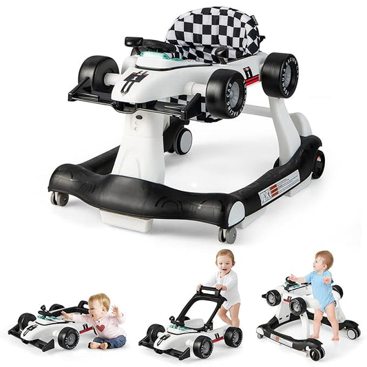 GLACER Foldable Baby Walker, 4-in-1 Infant Walker with Adjustable Height & Speed, Music, Light, Steering Wheel & Washable Cushion, Baby Walker Activity Center for Boys Girls 6 –18 Months (White)