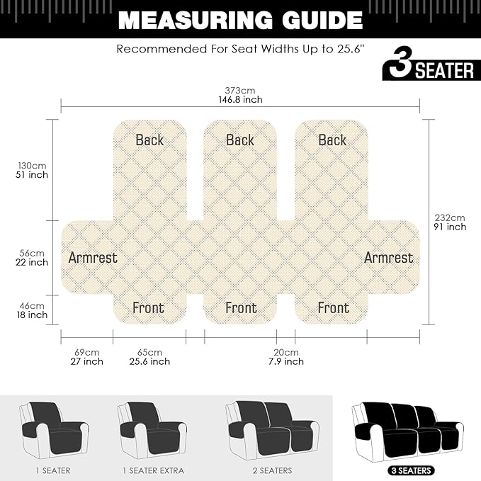 TAOCOCO Recliner Sofa Slipcover Couch Covers for 3 Cushion Couch, Pet Sofa Cover for 3 Seat Recliner Sofa, Washable Reclining Sofa Cover Furniture Protector with Elastic Straps(3 Seater, Black)