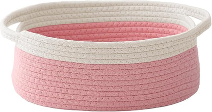 JMvicyroam Woven Basket,Small Rope Storage Bin with Handles & Ribbon Bag, Organizer for Shelves Closets,Gift Basket Empty for Birthday,Books,Dog Toys, White&Pink