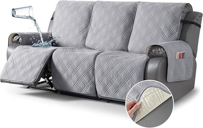 TAOCOCO 100% Waterproof Recliner Couch Cover, Non Slip Split Couch Covers for Reclining Couches with Elastic Straps, Washable Reclining Couch Covers Furniture Protector for Pets(3 Seater, Light Grey)