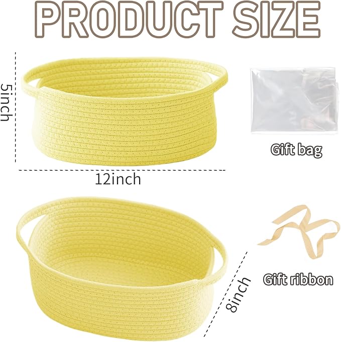 JMvicyroam Woven Basket,Small Rope Storage Bin with Handles & Ribbon Bag, Organizer for Shelves Closets,Gift Basket Empty for Birthday,Books,Dog Toys, Yellow/2 Pack
