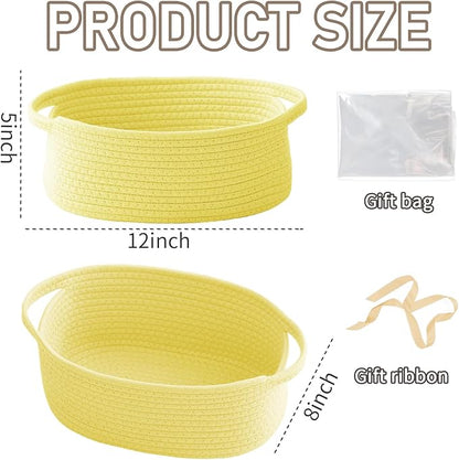JMvicyroam Woven Basket,Small Rope Storage Bin with Handles & Ribbon Bag, Organizer for Shelves Closets,Gift Basket Empty for Birthday,Books,Dog Toys, Yellow/2 Pack