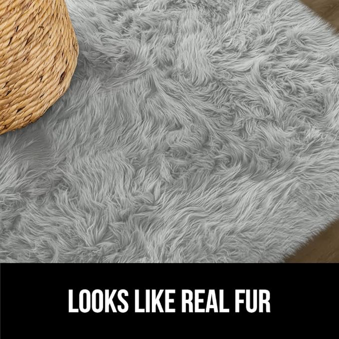Gorilla Grip Fluffy Faux Fur Rug, 4x6, Machine Washable Soft Furry Area Rugs, Rubber Backing, Plush Floor Carpets for Baby Nursery, Bedroom, Living Room Shag Carpet, Luxury Home Decor, Light Gray