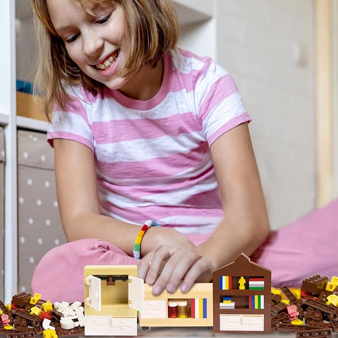 Building Block Furniture, Includes Items Such as a Bed, TV, Bookshelf, Kitchen cabinets, It Serves as Furniture for Decorating Lego City Mansion Houses and is Compatible with Major Brands Bricks