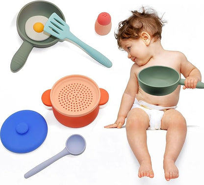 Play Kitchen Accessories, Silicone Pretend Play Kitchen Toys Set, Play Kitchen Pots and Pans Set for Kids, Learning Education Cooking Toys for Girls(Orange)