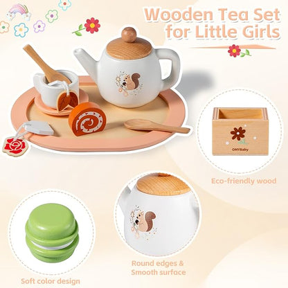 OMYBaby Wooden Tea Set for Little Girls, 19pcs Tea Party Playset with Teapot, Tea Cups, Dessert Stand, Macaroons, Cakes & Tray, Tea Time Playset Pretend Play Kitchen Toys Gift for Girls & Toddlers 3Y+