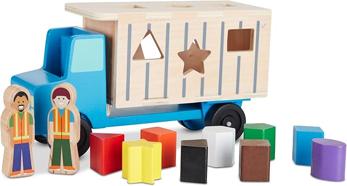 Melissa & Doug Shape-Sorting Wooden Dump Truck Toy, Quality Craftsmanship, 9 Colorful Shapes and 2 Play Figures, 7.5' H X 10.75' W X 4.75' L