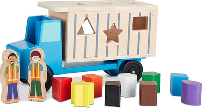 Melissa & Doug Shape-Sorting Wooden Dump Truck Toy, Quality Craftsmanship, 9 Colorful Shapes and 2 Play Figures, 7.5' H X 10.75' W X 4.75' L