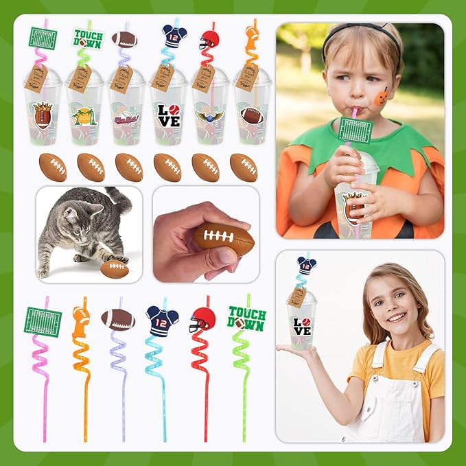 Football Party Favors, 172 pcs Birthday Party Supplies contains Cups, Straws, Whistles, Bracelets, Keychains, Stickers, Soft Balls, Tatoo Stickers, Thank You Tags for Sport Themed Birthday Decors