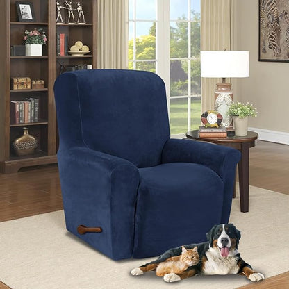 AZON Velvet Stretch Recliner Chair Cover,1-Piece Washable Recliner Couch Cover with Elastic Furniture Protector for Pets, Kids(Recliner, Navy Blue)