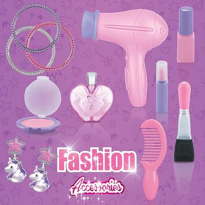 Pretend Play Makeup Kit Fake Make Up Set For Little Girls And Shoes - Toddler Little Girls Role Play with Earrings, Bracelets, Perfume, Hair Blower, Mascara, Blush, Comb, Lipstick, Brush -Age 3+