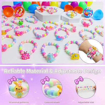 24 Pcs Easter Egg Filled with Bracelets Inside for Girls Toddler Kids, 24 Different Colorful Bead Bracelets Easter Basket Stuffers Gift, Girls Easter Egg Hunt Party Favors Classroom Prize Supplies