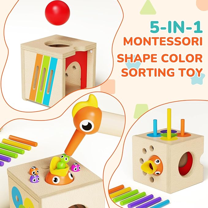 Montessori Toys for 1-3 Year Old – 5-in-1 Wooden Activity Cube with Magnetic Bird Feeding Game, Woodpecker Toy, Busy Toy for Fine Motor Skills, Shape Sorter & Color Matching, Toddler Gift 18M+