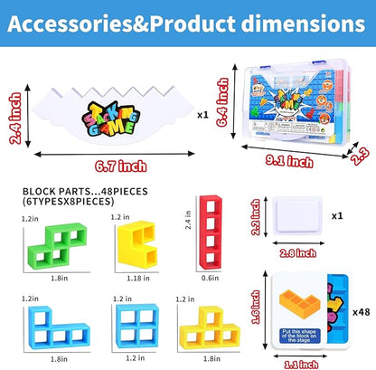 48PCS Stack Attack Game for Adult & Kids, Tetra Board Tower Games for Family Travel Party, 2 Players Balance Stacking Toy, Team Toys Building Block